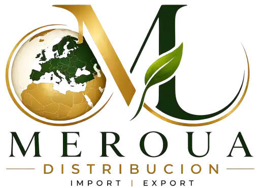 Logo de Meroua Distribucion Import Export, représentant la lettre M entrelacée avec une feuille verte et un globe terrestre doré.